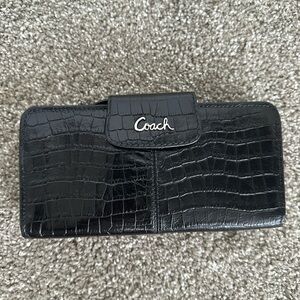 NWOT Coach Black Croc-Embossed Leather Wallet